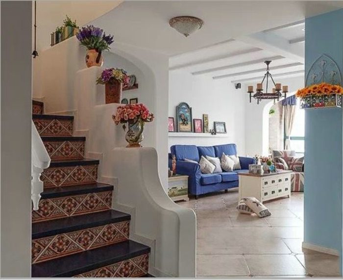蓝色唯美地中海风格复式楼梯设计装修图 - 效果图