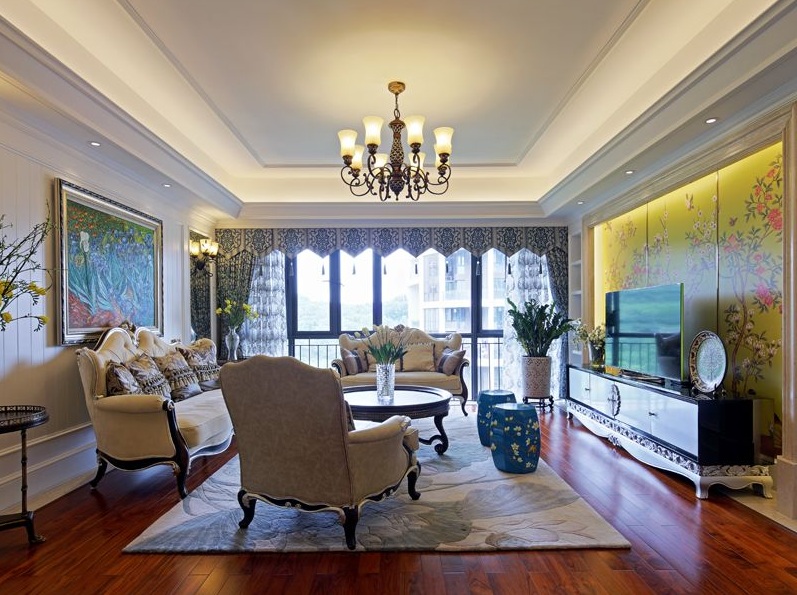 多元化简欧风格四居室客厅整体设计效果图