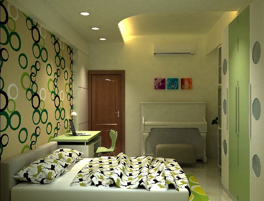 绿色圆点小清新次卧背景墙效果图