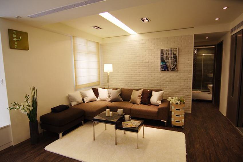 简约现代客厅石灰背景墙设计 - 效果图