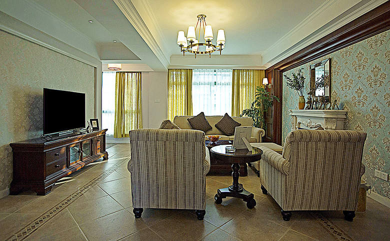 唯美复古美式客厅沙发背景墙设计效果图