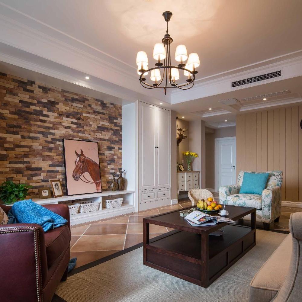 清新文艺美式乡村风格客厅文化砖背景墙装饰效果图