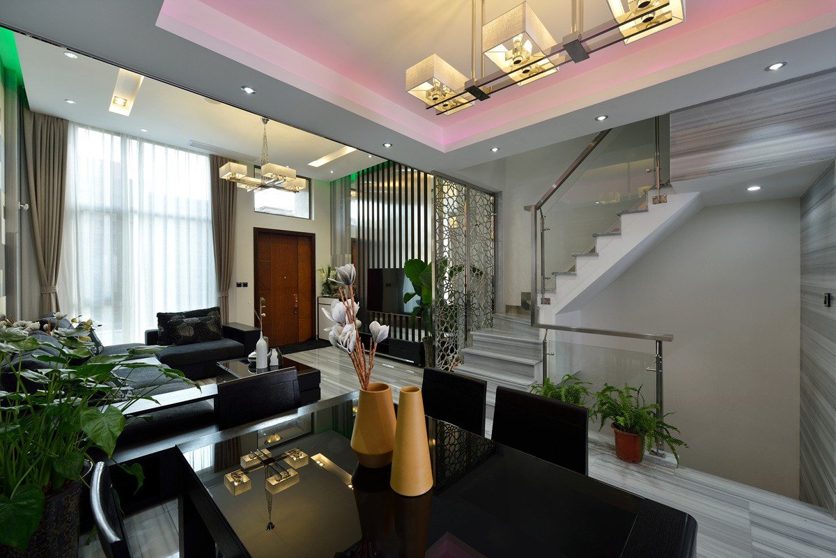 后现代复式楼客厅转角楼梯效果图