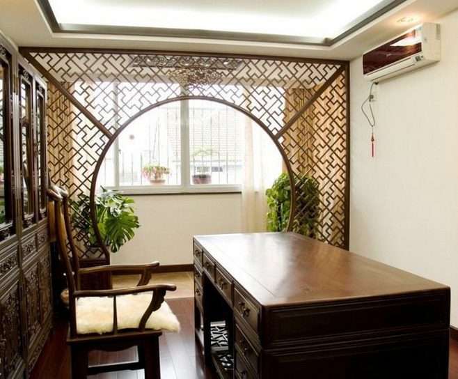 浪漫中式书房 拱门镂空隔断设计 - 效果图
