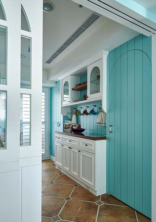 蓝色唯美地中海风格厨房隐形门装饰设计图 - 效果图