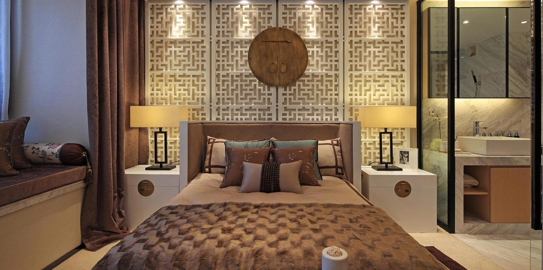 宁静雅致禅风简中式卧室床头屏风设计效果图