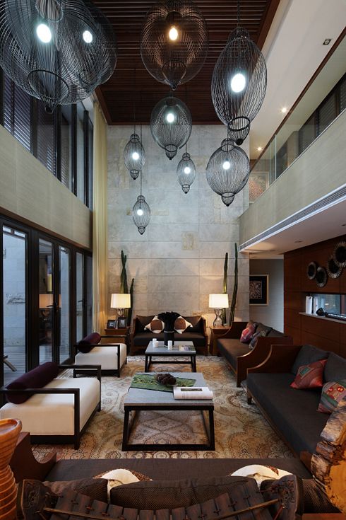 大气雅致中式复古风挑高客厅吊顶效果图