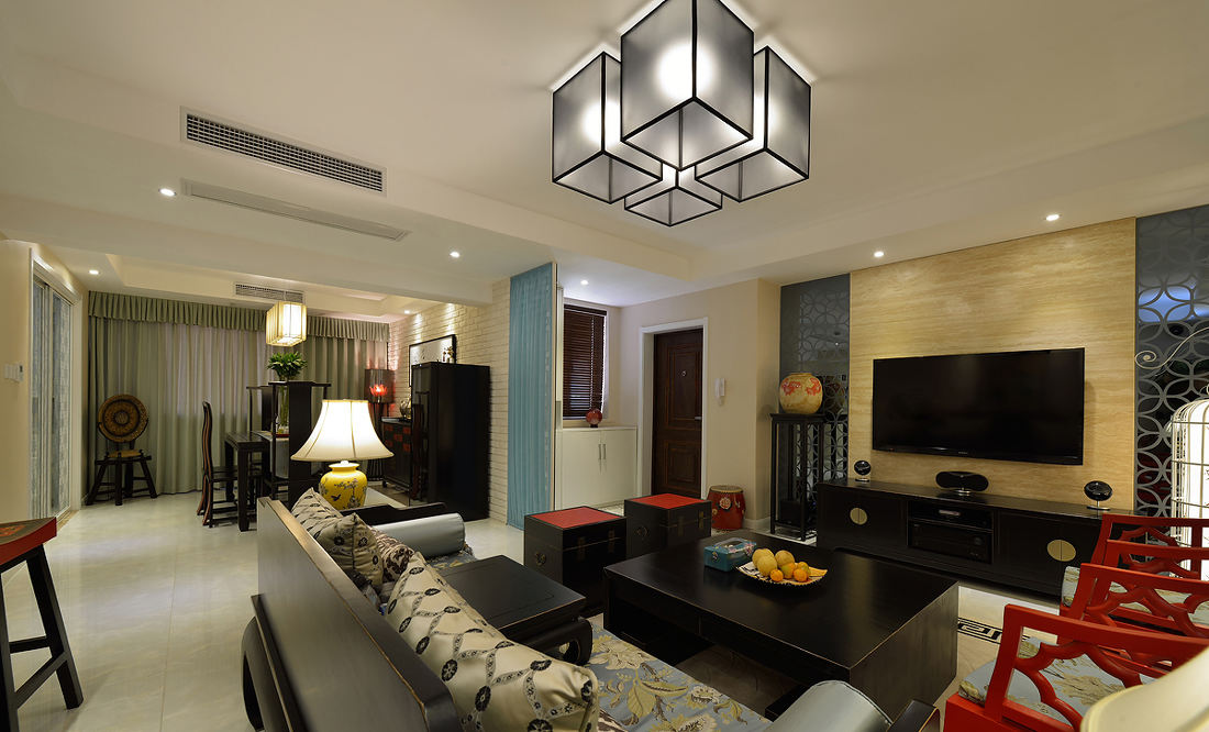 现代中式风三居室装潢案例图 - 效果图