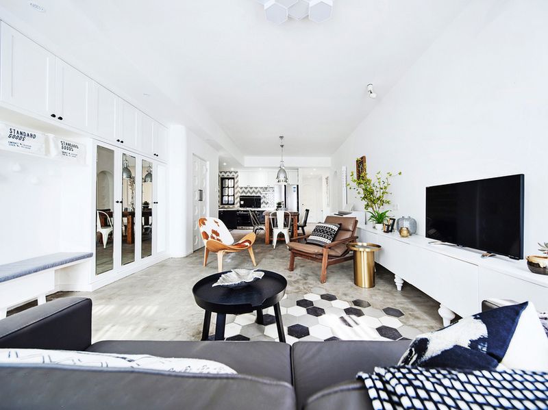 低调复古北欧混搭风开放式厨房客厅效果图