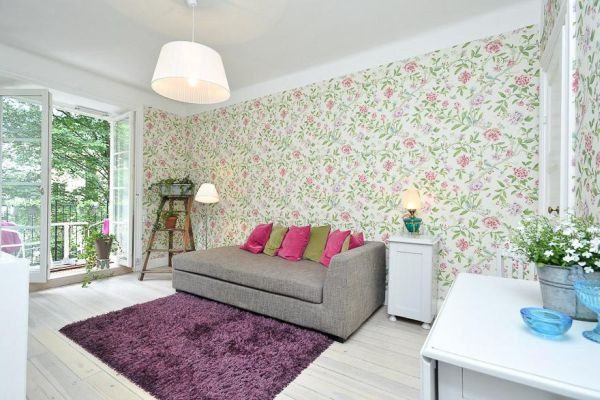 碎花简欧田园客厅壁纸装饰图 - 效果图