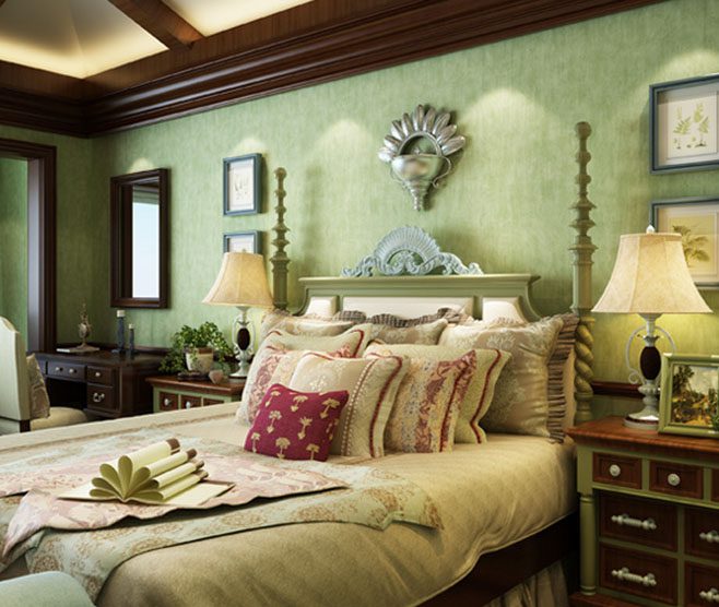 乡村欧式田园风卧室 抹绿色背景墙设计 - 效果图