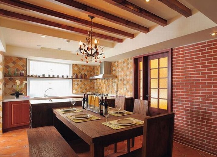 文艺复古田园风餐厅厨房一体效果图