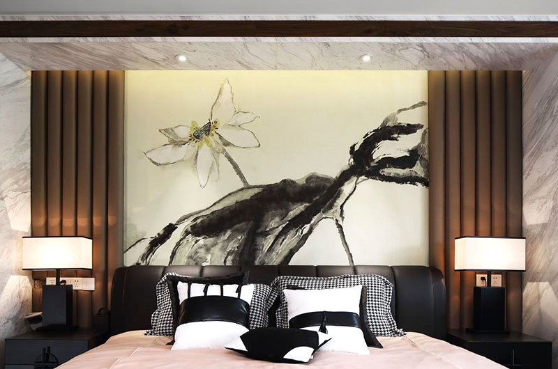 中式卧室水墨背景墙效果图