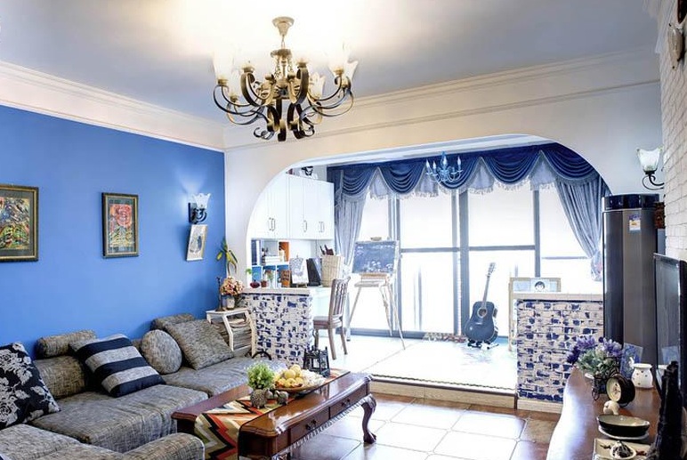 蓝色复古地中海客厅落地窗效果图